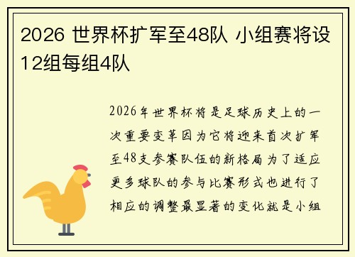 2026 世界杯扩军至48队 小组赛将设12组每组4队